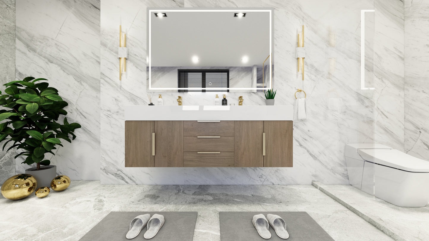 Bethany 60" Floating Modern Vanity in Light Oak with Double Sink