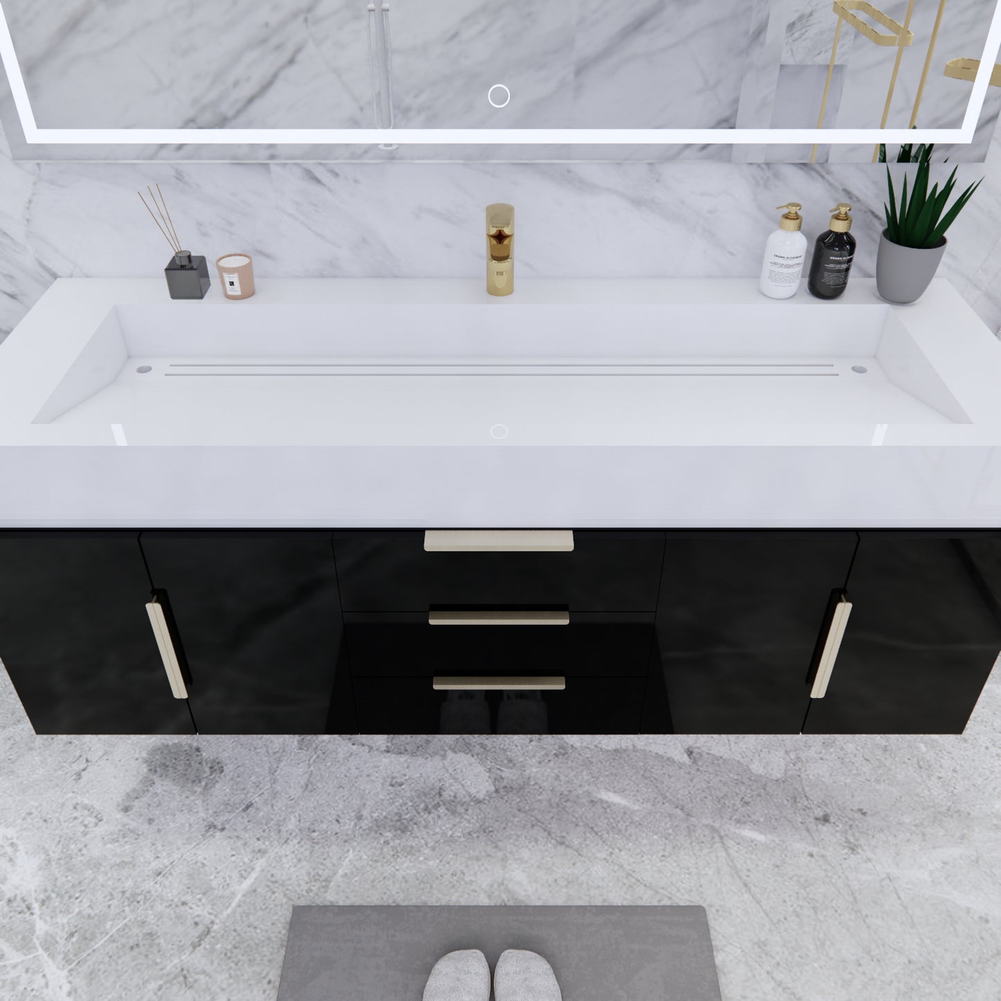 Bethany Wall Mounted Floating Bathroom Vanity with Reinforced Acrylic Sink | Gold Handles