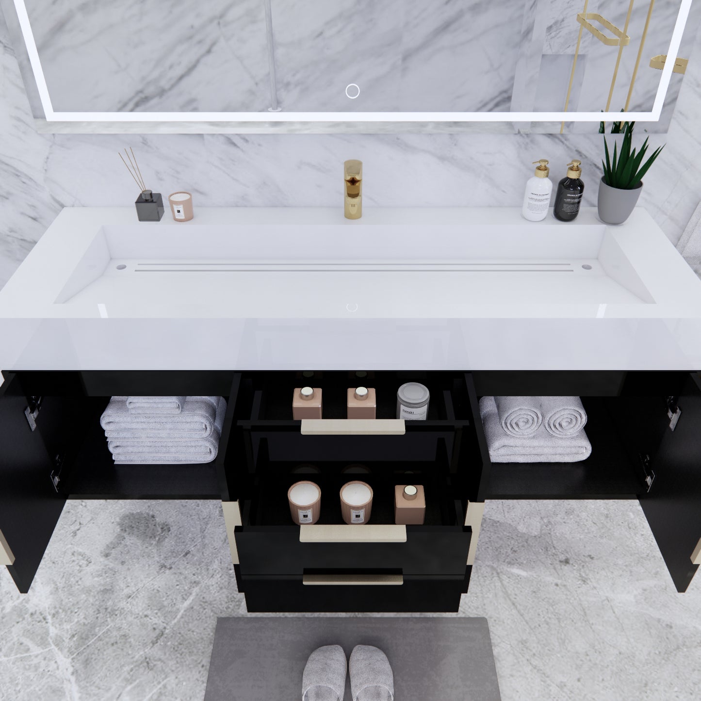 Bethany Wall Mounted Floating Bathroom Vanity with Reinforced Acrylic Sink | Gold Handles