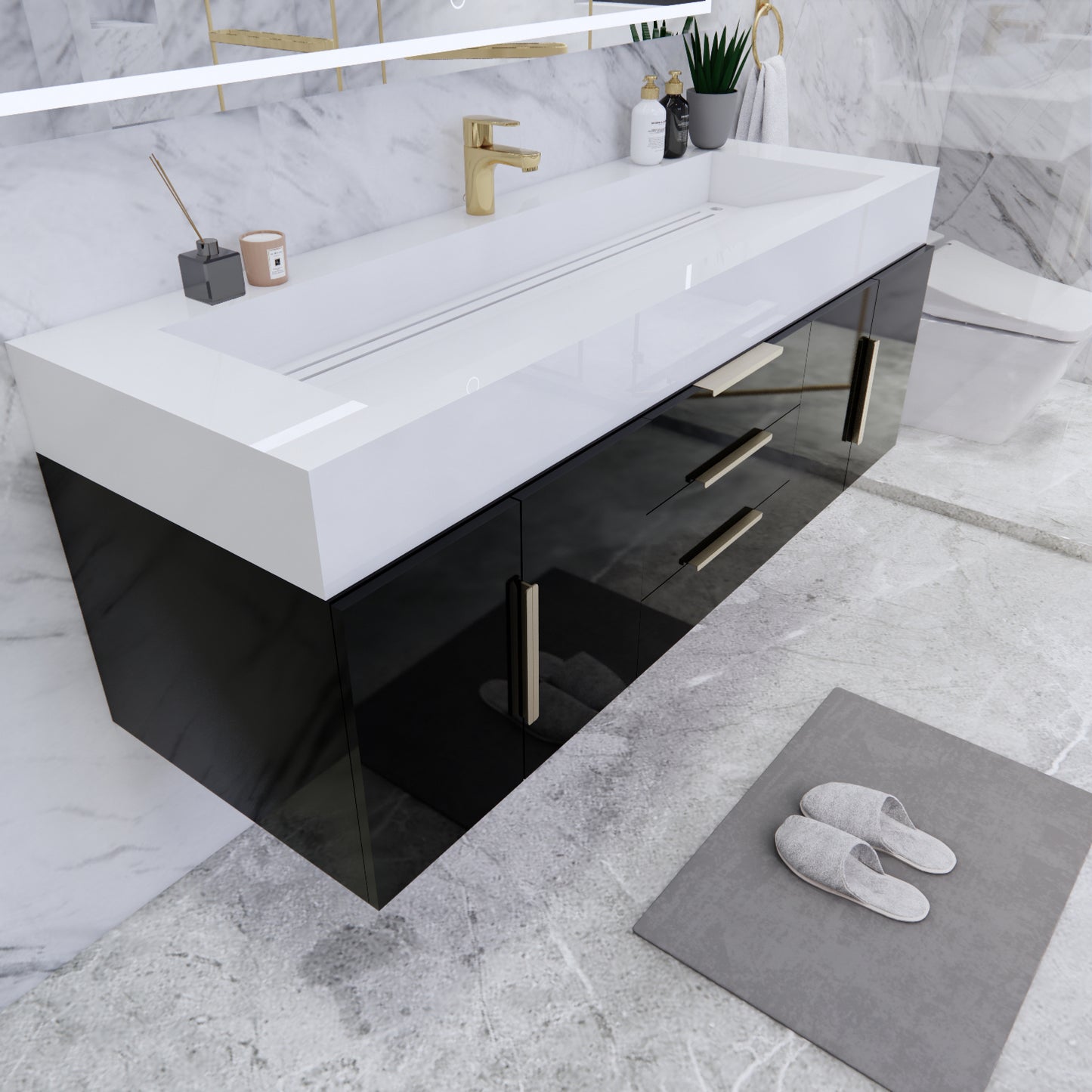 Bethany Wall Mounted Floating Bathroom Vanity with Reinforced Acrylic Sink | Gold Handles