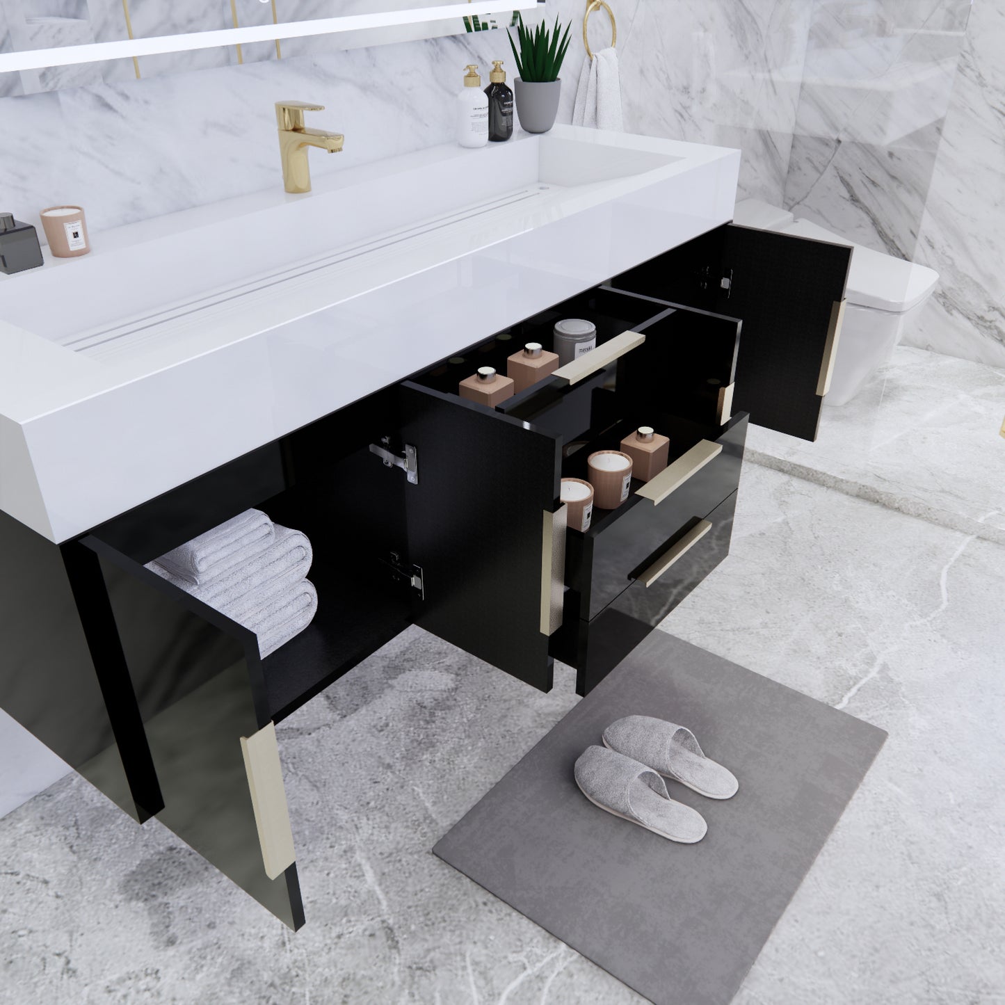 Bethany Wall Mounted Floating Bathroom Vanity with Reinforced Acrylic Sink | Gold Handles