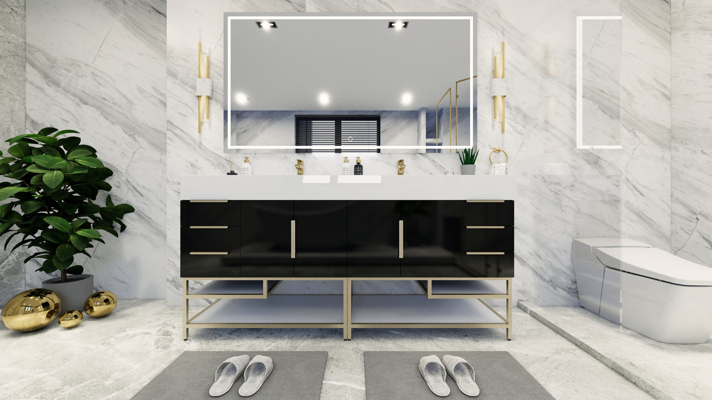 Bethany 72" Freestanding Vanity in High Gloss Black with Double Sink, Side Drawers