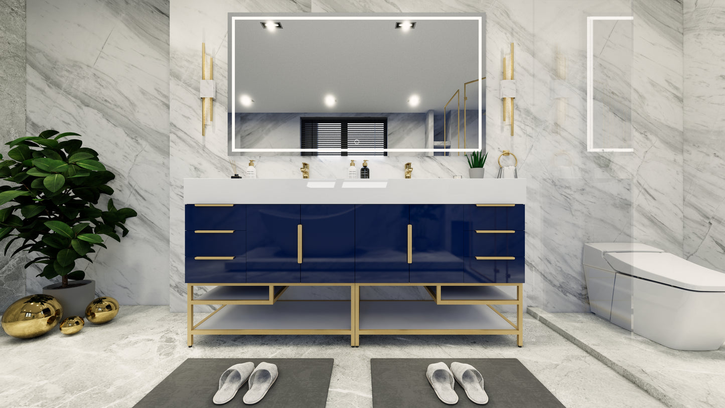 Bethany 72" Freestanding Vanity in High Gloss Night Blue, Double Sink, Double Vanity, Side Drawers
