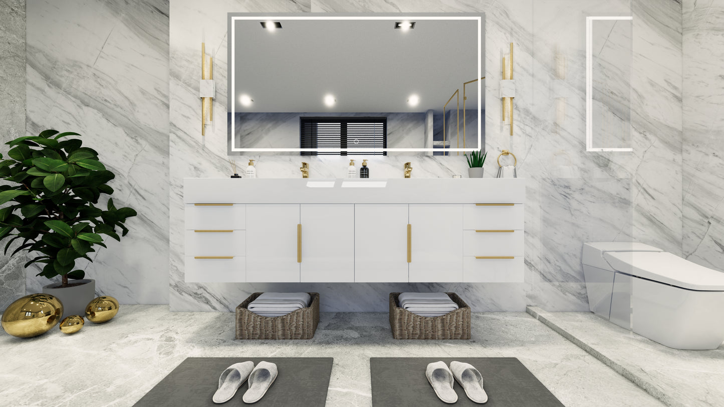 Bethany 72" Floating Modern Vanity in Gloss White with Double Sink, Side Drawers