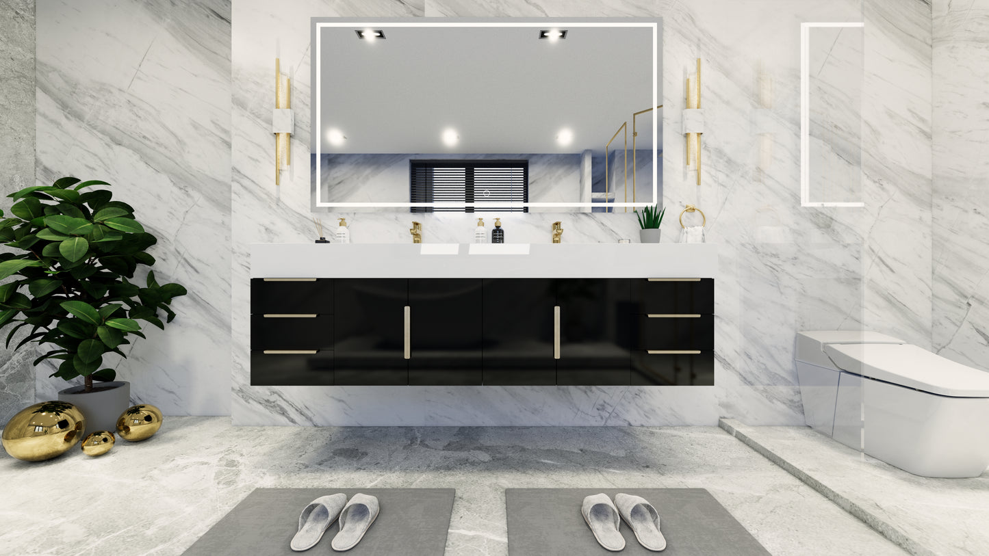 Bethany 72" Floating Modern Vanity in Gloss Black with Double Sink, Side Drawers