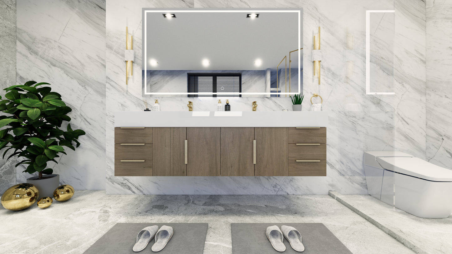 Bethany 72" Floating Modern Vanity in Light Oak with Double Sink and Side Drawers