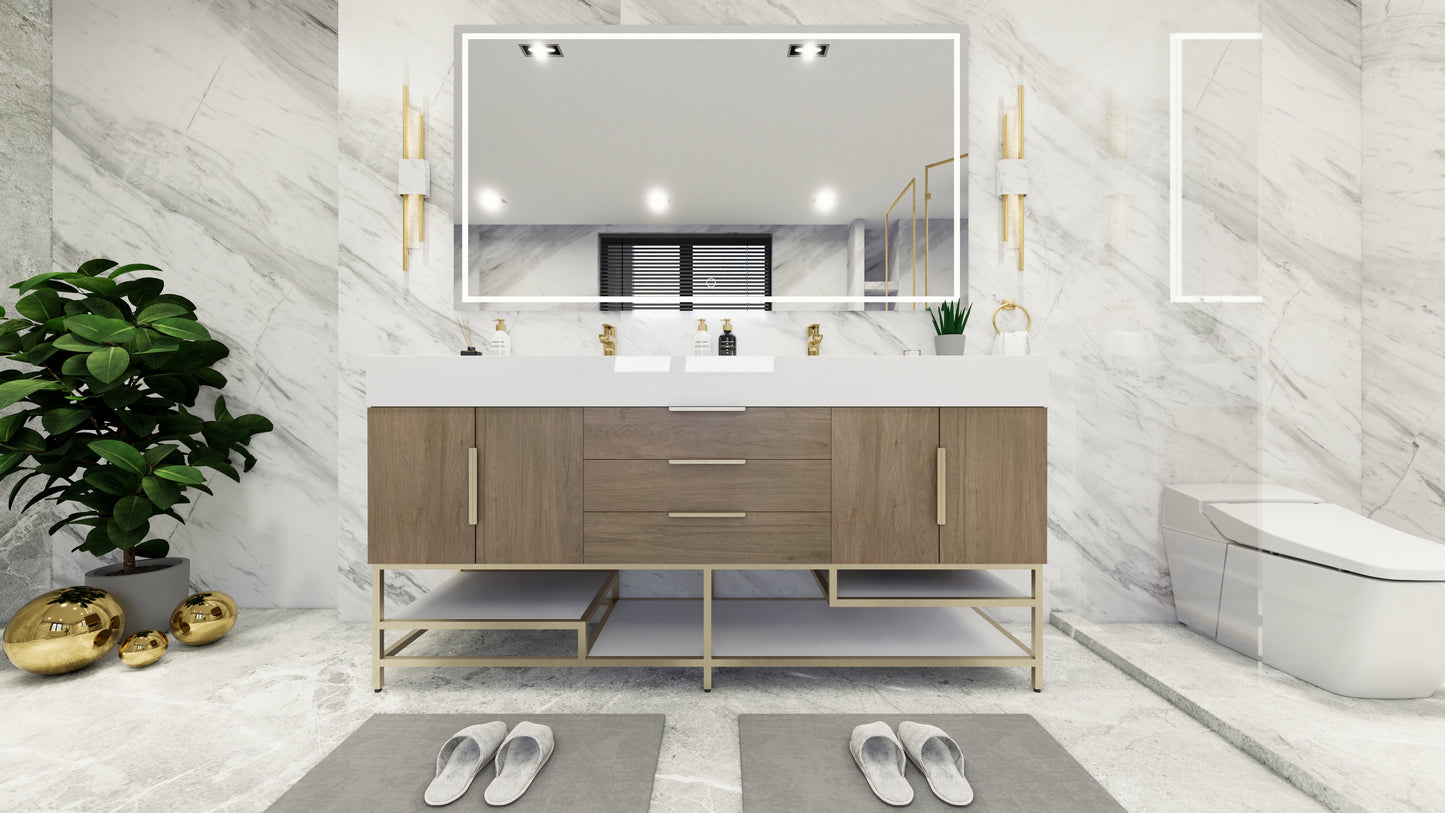 Bethany 72" Freestanding Vanity in Light Oak with Double Sink, Middle Drawers