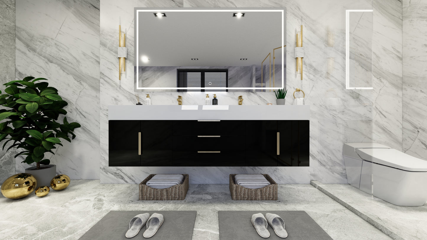 Bethany 72" Floating Modern Vanity in Gloss Black with Double Sink and Middle Drawers
