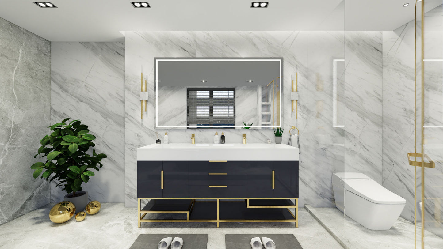 Bethany 72" Freestanding Modern Vanity in Gloss Gray with Double Sink, Middle Drawers