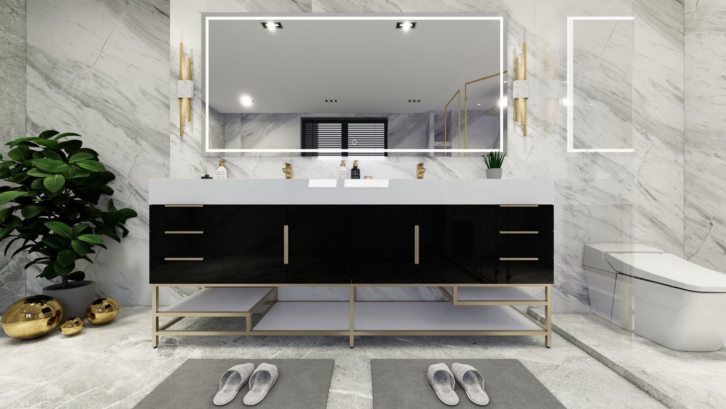Bethany 84" Freestanding Vanity in High Gloss Black with Double Sink, Side Drawers