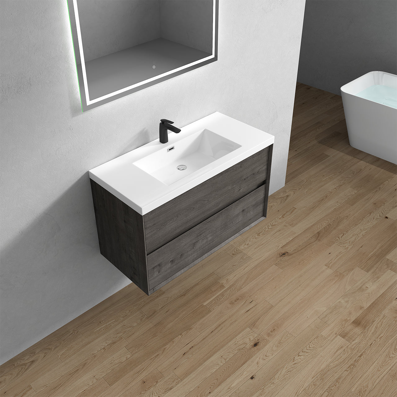 Kingdee 42" Smoke Oak Wall Mounted Vanity with Reinforced Acrylic Sink