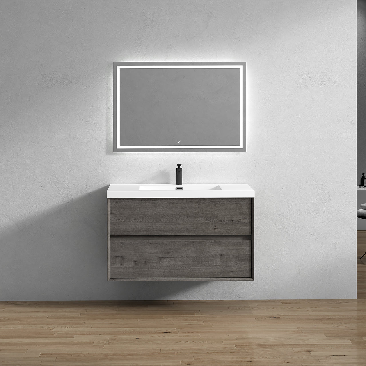 Kingdee 42" Smoke Oak Wall Mounted Vanity with Reinforced Acrylic Sink