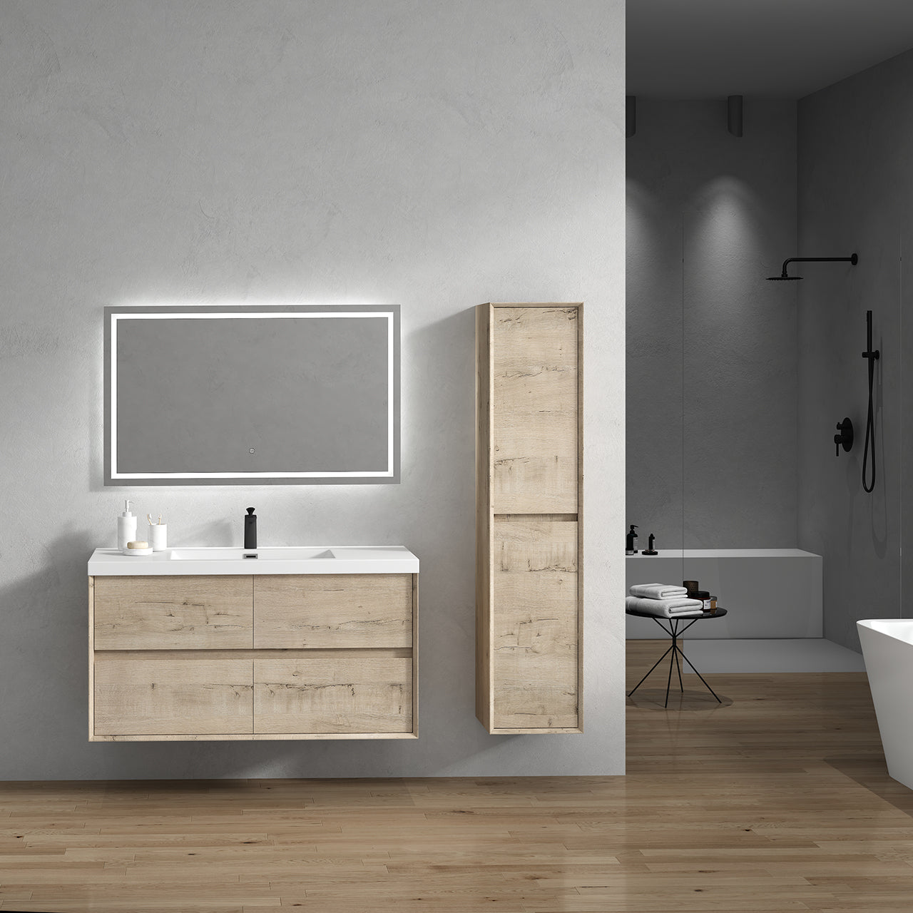 Kingdee 48" Light Oak Wall Mounted Vanity with Reinforced Acrylic Sink