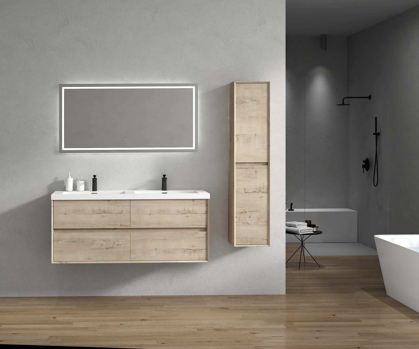 Kingdee 60" Light Oak Wall Mounted Vanity with Reinforced Acrylic Double Sinks