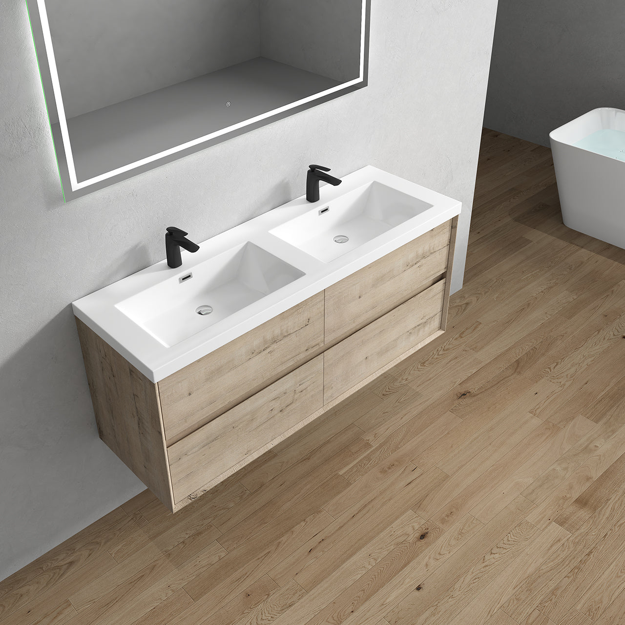 Kingdee 60" Light Oak Wall Mounted Vanity with Reinforced Acrylic Double Sinks
