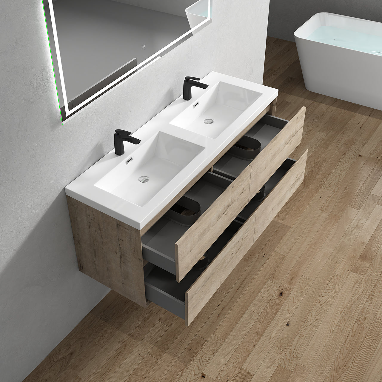 Kingdee 60" Light Oak Wall Mounted Vanity with Reinforced Acrylic Double Sinks