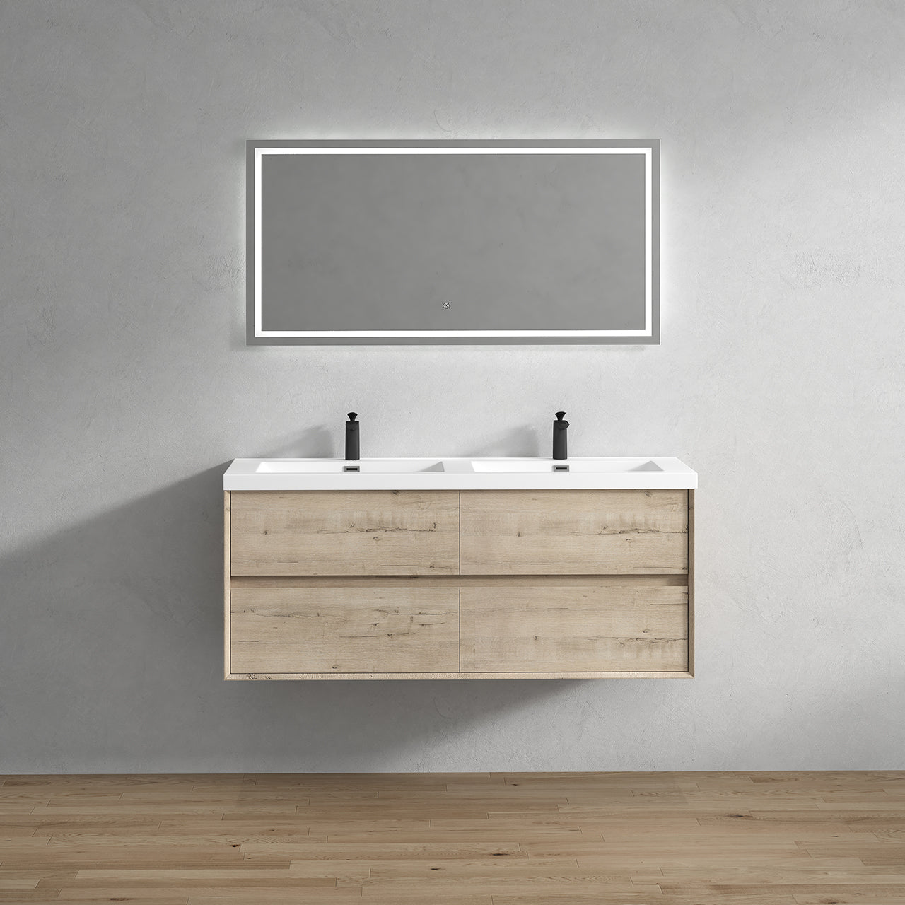Kingdee 60" Light Oak Wall Mounted Vanity with Reinforced Acrylic Double Sinks