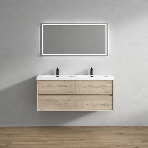 Kingdee 60" Light Oak Wall Mounted Vanity with Reinforced Acrylic Double Sinks