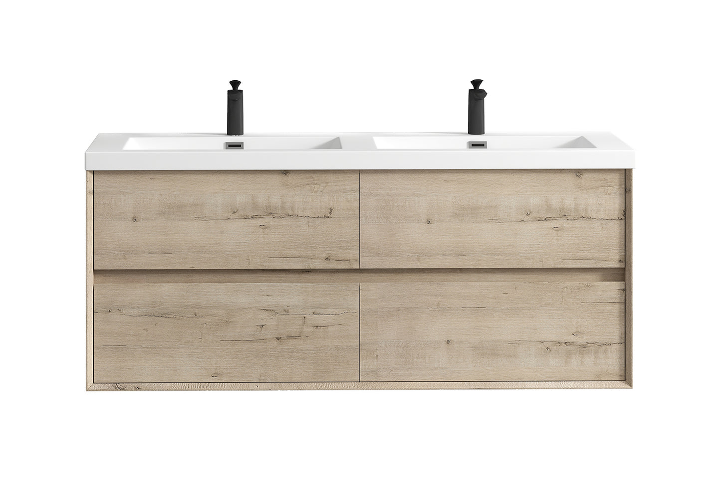 Kingdee 60" Light Oak Wall Mounted Vanity with Reinforced Acrylic Double Sinks