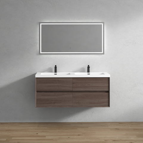 Kingdee 60" Red Oak Wall Mounted Vanity with Reinforced Acrylic Double Sinks