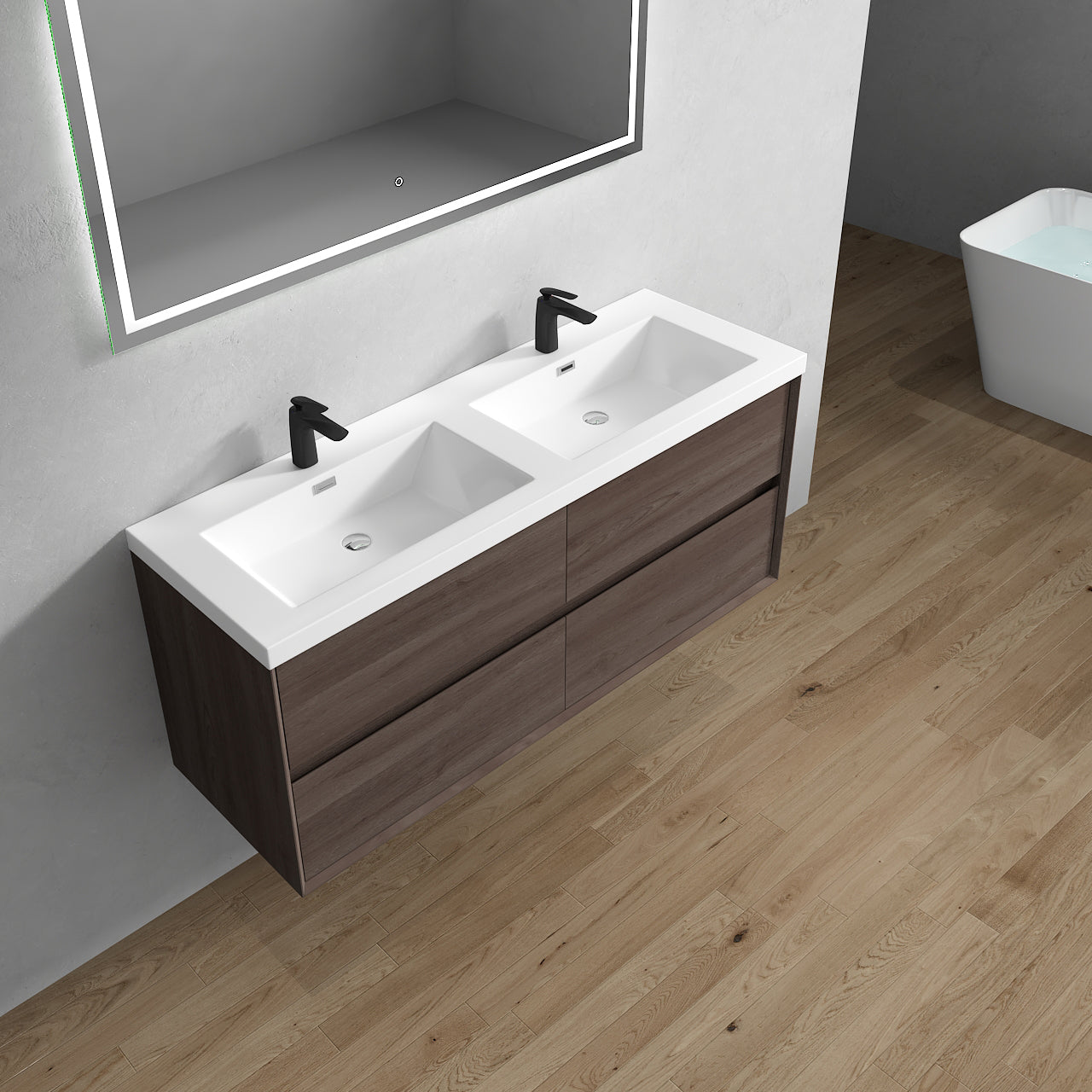 Kingdee 60" Red Oak Wall Mounted Vanity with Reinforced Acrylic Double Sinks