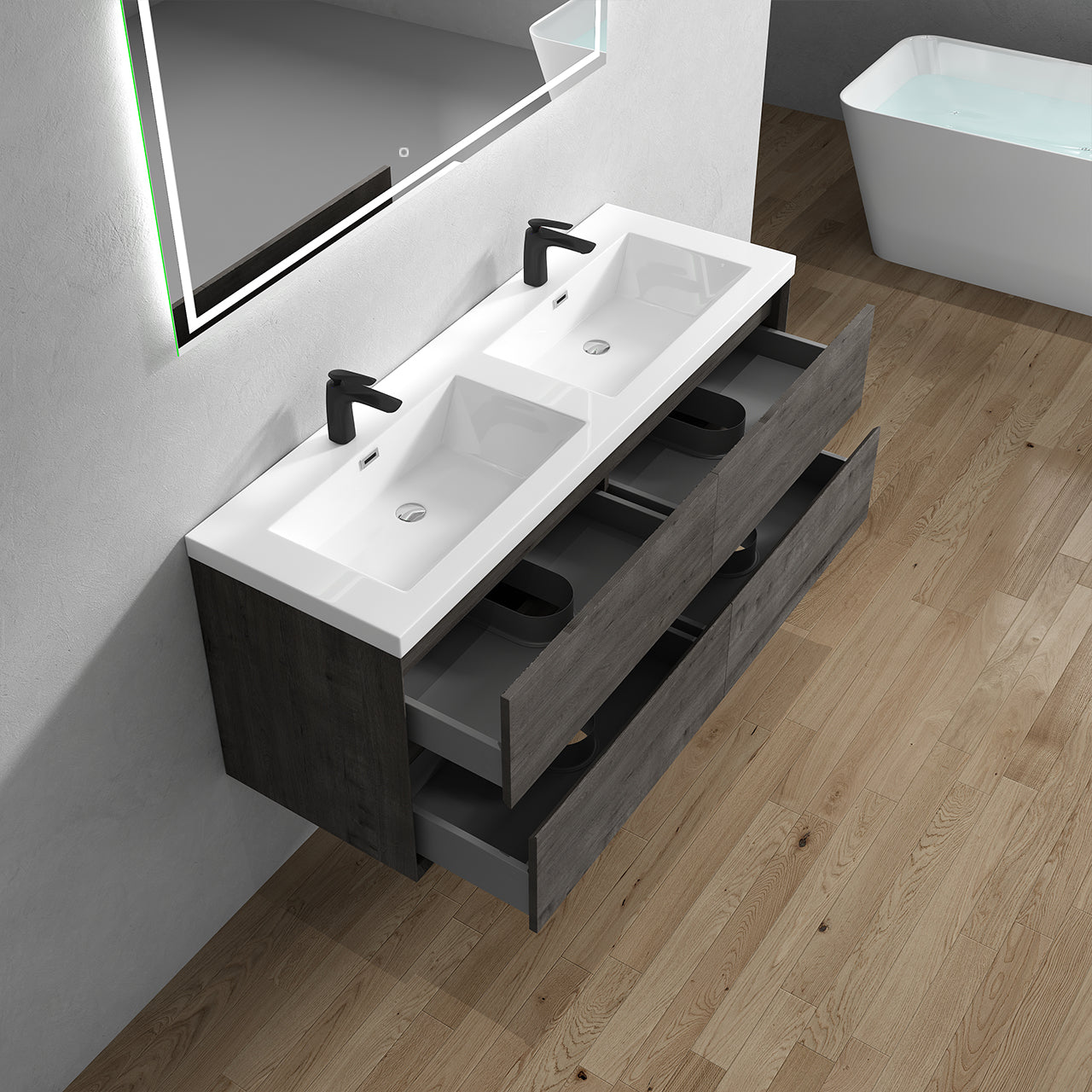 Kingdee 60" Smoke Oak Wall Mounted Vanity with Reinforced Acrylic Double Sinks