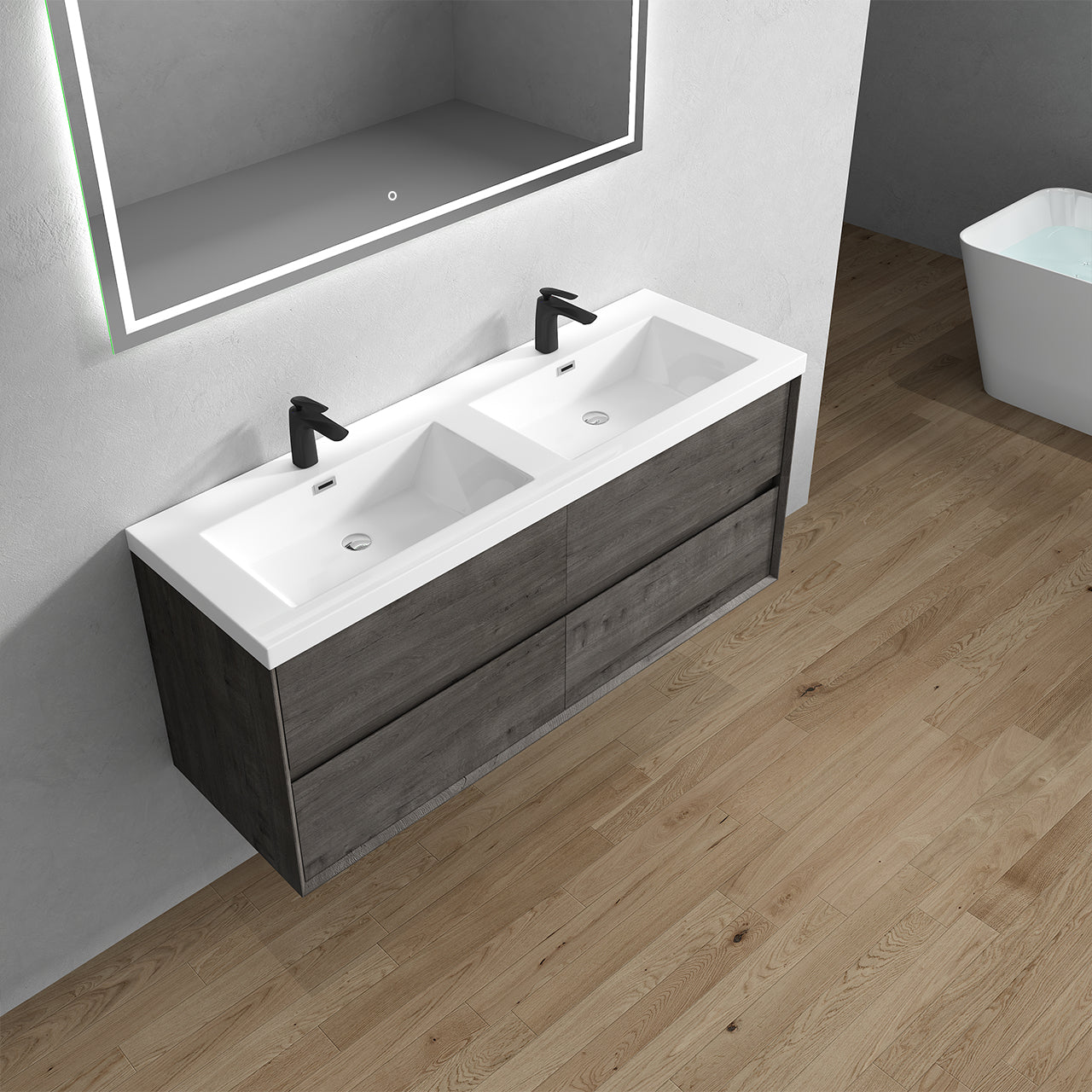 Kingdee 60" Smoke Oak Wall Mounted Vanity with Reinforced Acrylic Double Sinks