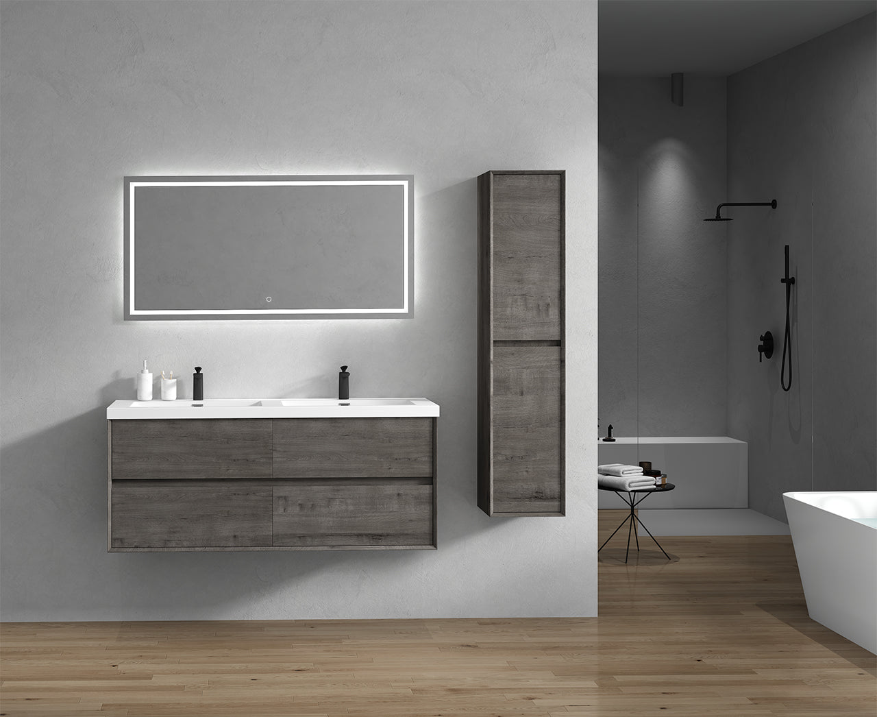 Kingdee 60" Smoke Oak Wall Mounted Vanity with Reinforced Acrylic Double Sinks