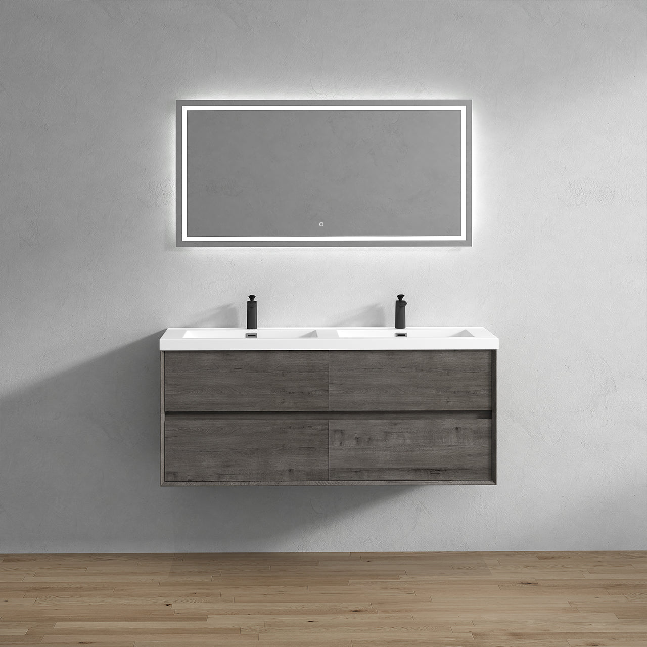 Kingdee 60" Smoke Oak Wall Mounted Vanity with Reinforced Acrylic Double Sinks