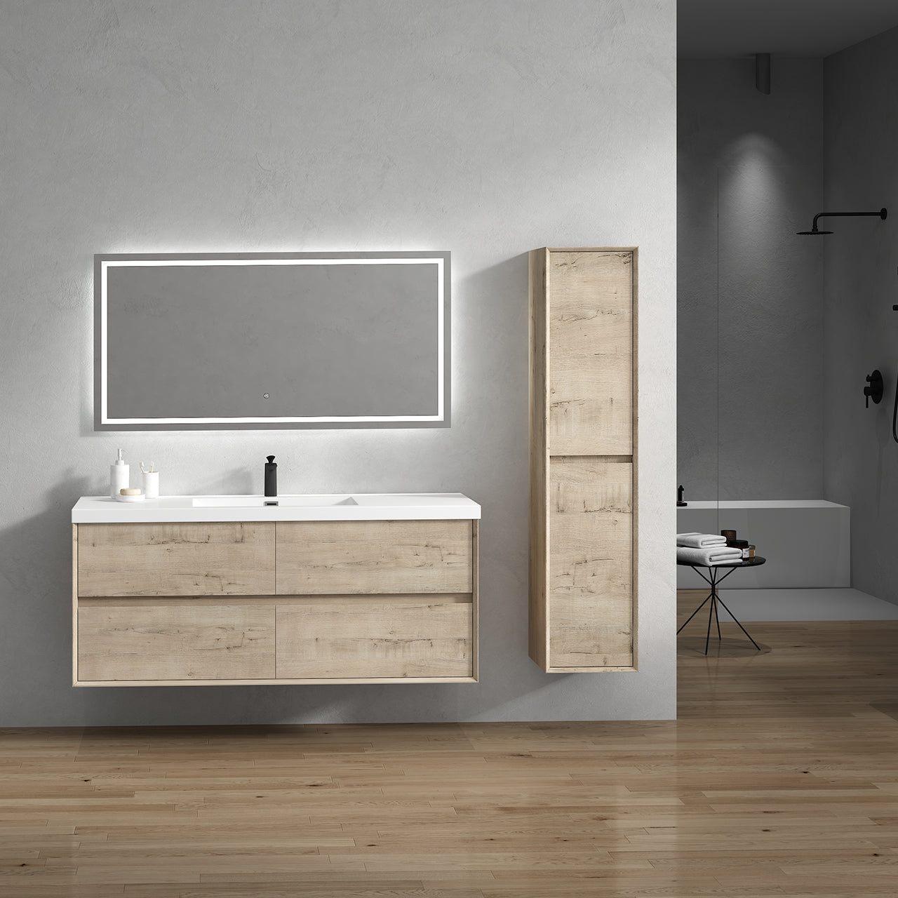 Kingdee 60" Light Oak Wall Mounted Vanity with Reinforced Acrylic Single Sink