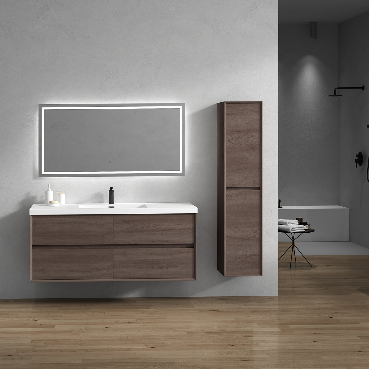 Kingdee 60" Red Oak Wall Mounted Vanity with Reinforced Acrylic Single Sink