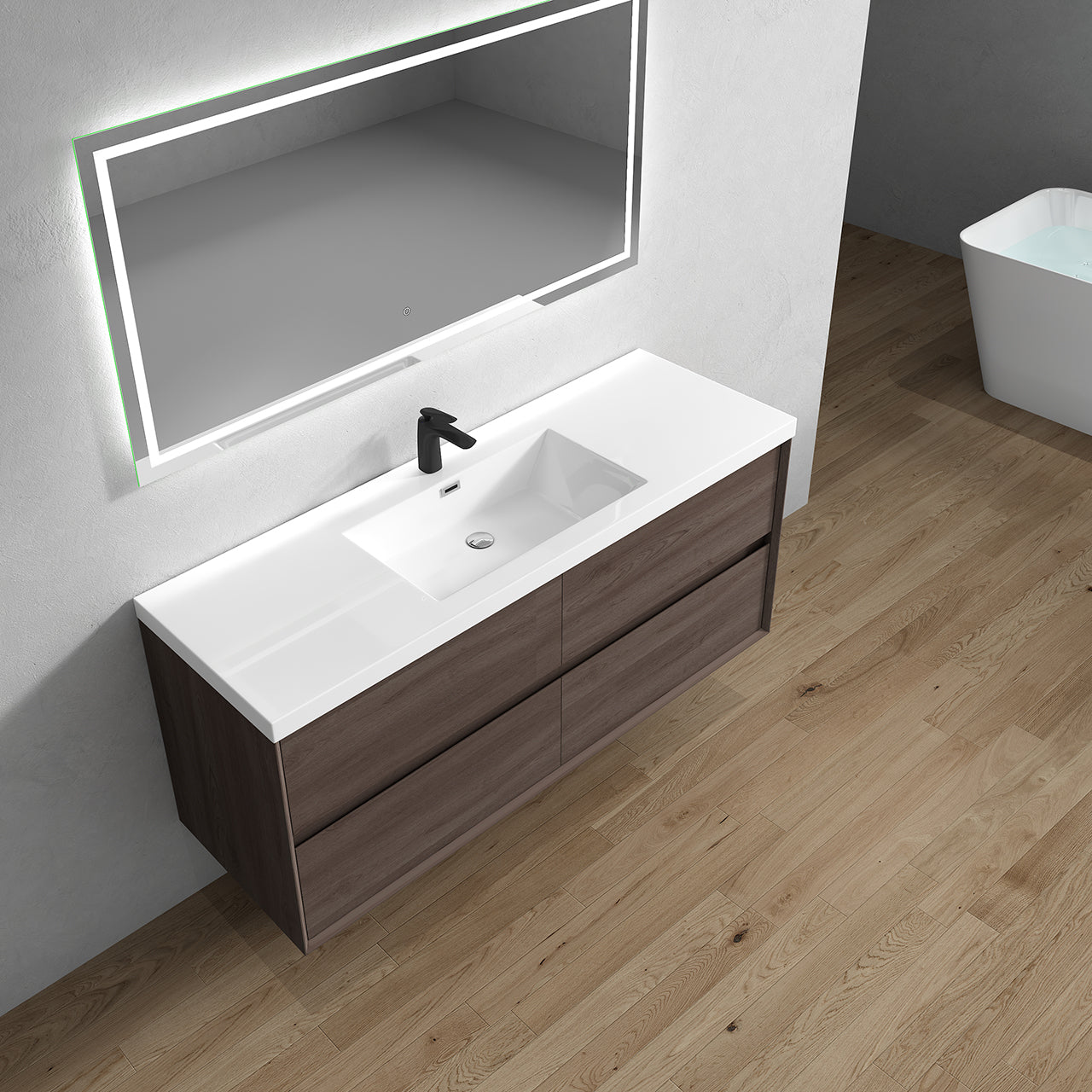Kingdee 60" Red Oak Wall Mounted Vanity with Reinforced Acrylic Single Sink