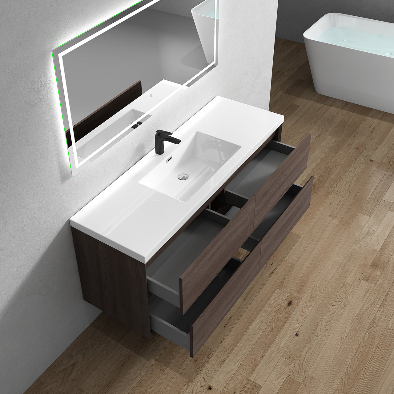 Kingdee 60" Red Oak Wall Mounted Vanity with Reinforced Acrylic Single Sink