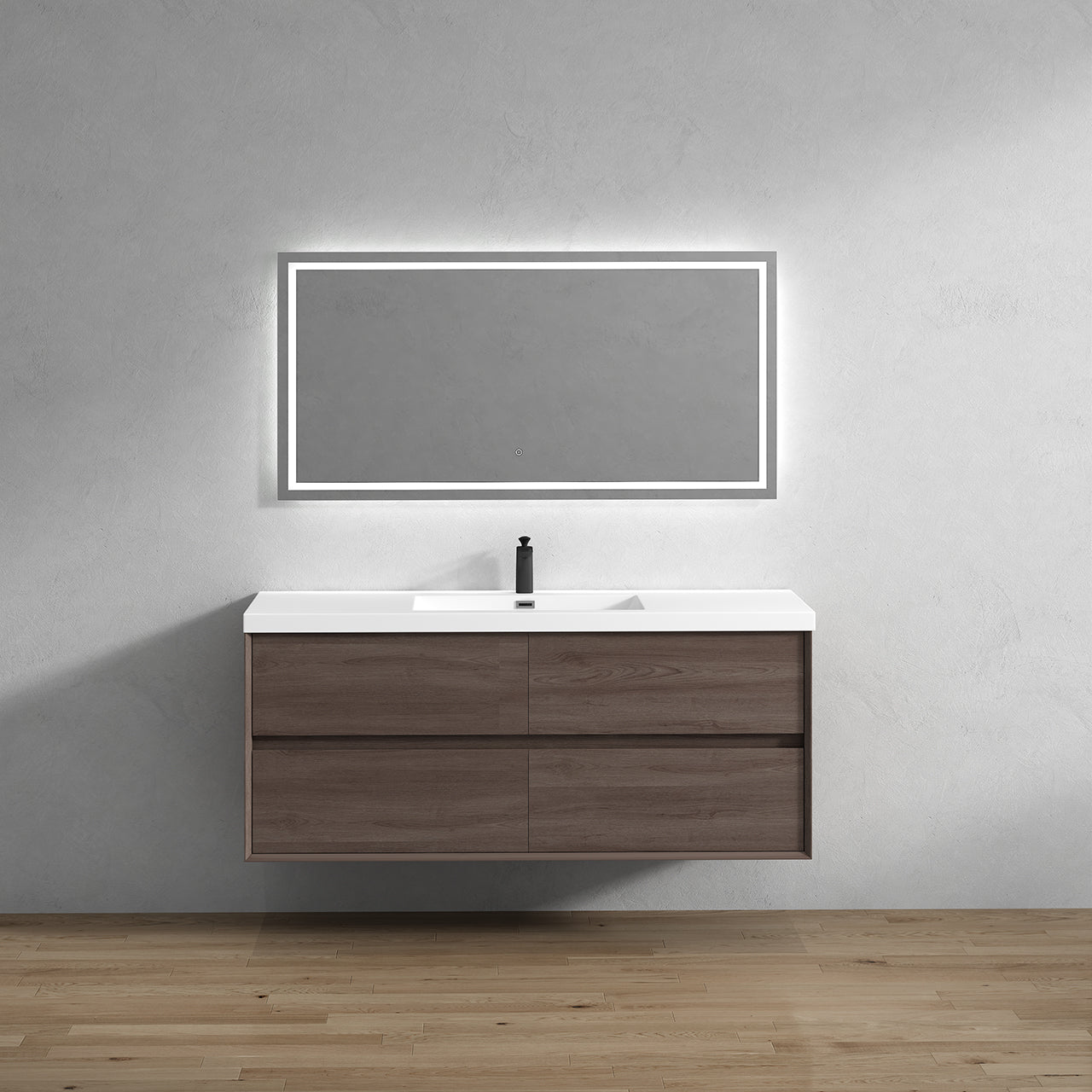 Kingdee 60" Red Oak Wall Mounted Vanity with Reinforced Acrylic Single Sink