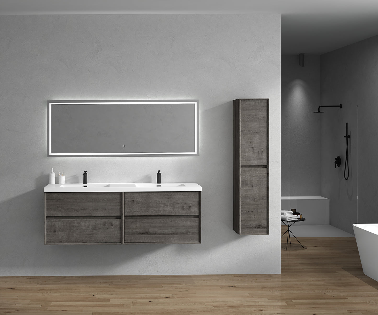 Kingdee 72" Smoke Oak Wall Mounted Vanity with Reinforced Acrylic Sinks