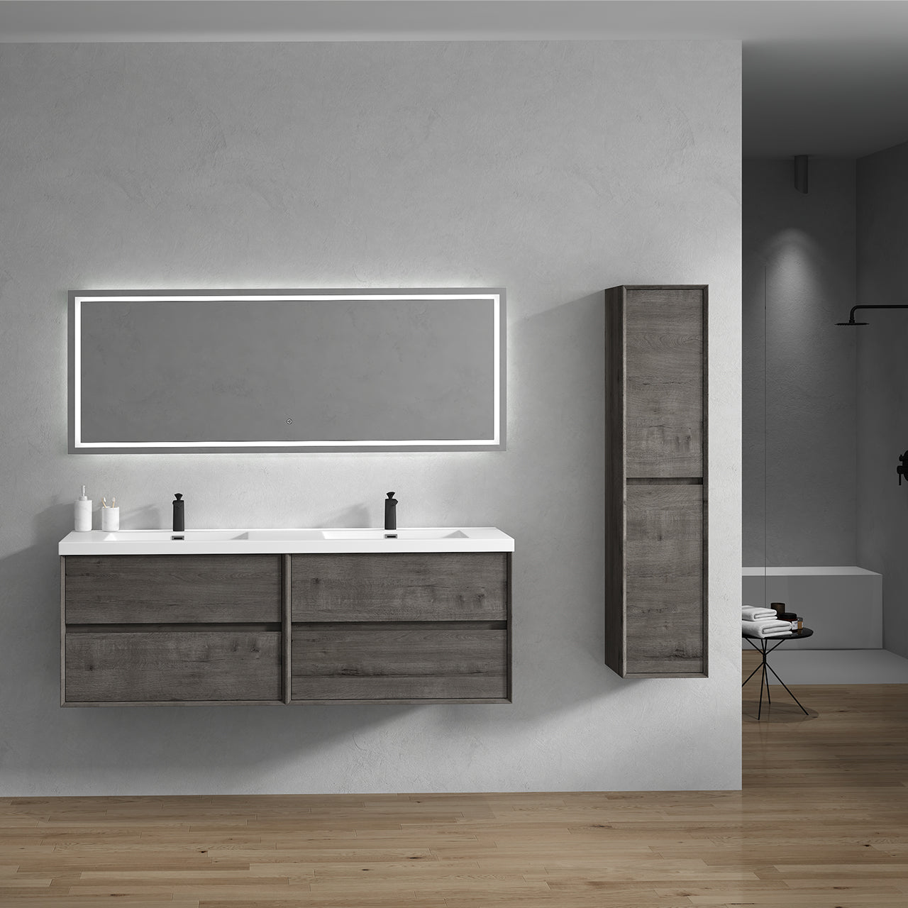 Kingdee 72" Smoke Oak Wall Mounted Vanity with Reinforced Acrylic Sinks