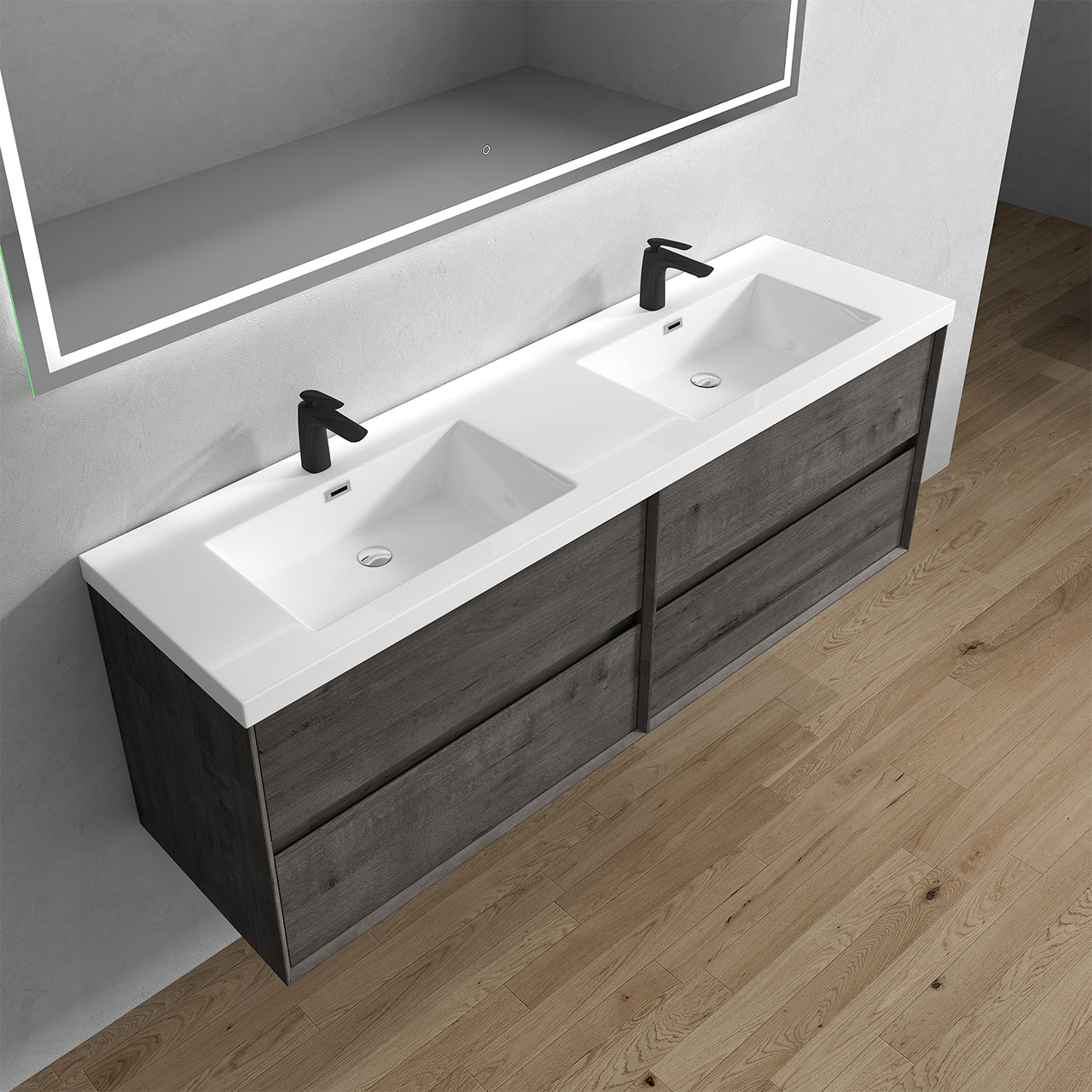 Kingdee 72" Smoke Oak Wall Mounted Vanity with Reinforced Acrylic Sinks