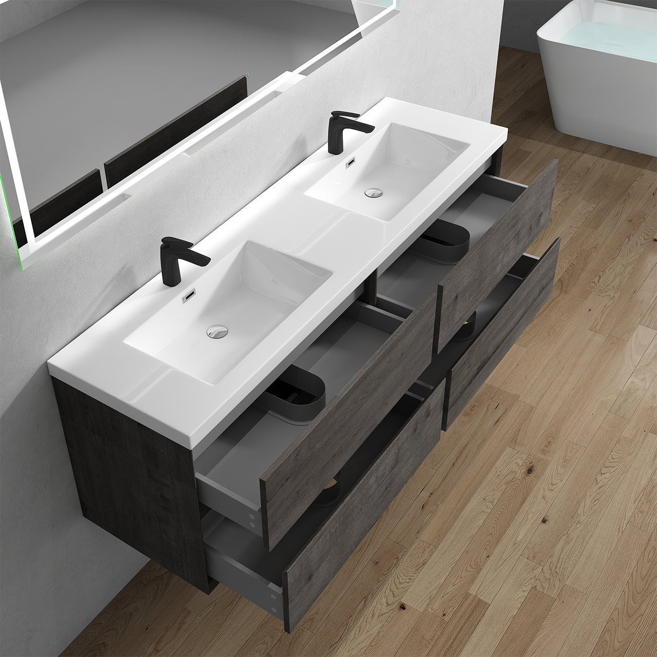 Kingdee 72" Smoke Oak Wall Mounted Vanity with Reinforced Acrylic Sinks