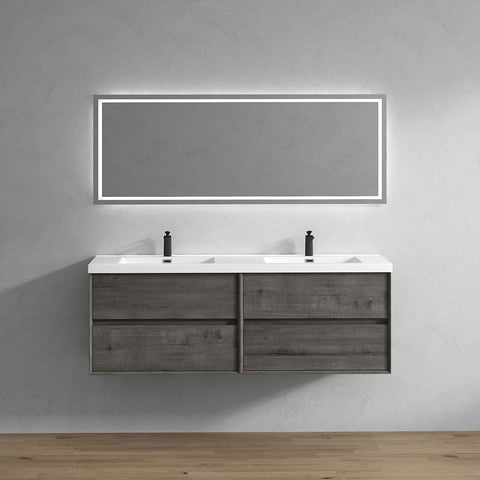 Kingdee 72" Smoke Oak Wall Mounted Vanity with Reinforced Acrylic Sinks