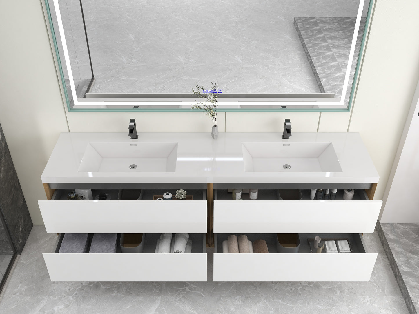 Kingdee 84" Glossy White Wall Mounted Vanity with Reinforced Acrylic Sinks