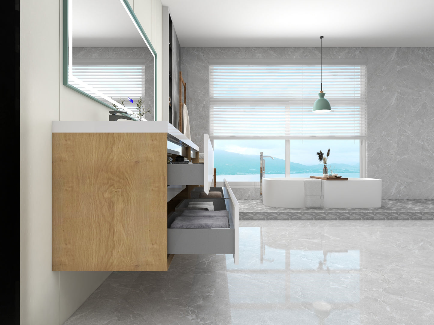 Kingdee 84" Glossy White Wall Mounted Vanity with Reinforced Acrylic Sinks