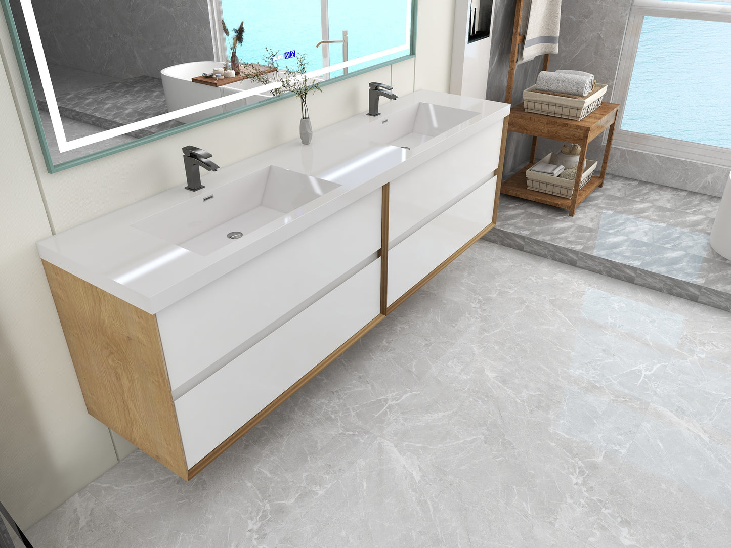 Kingdee 84" Glossy White Wall Mounted Vanity with Reinforced Acrylic Sinks