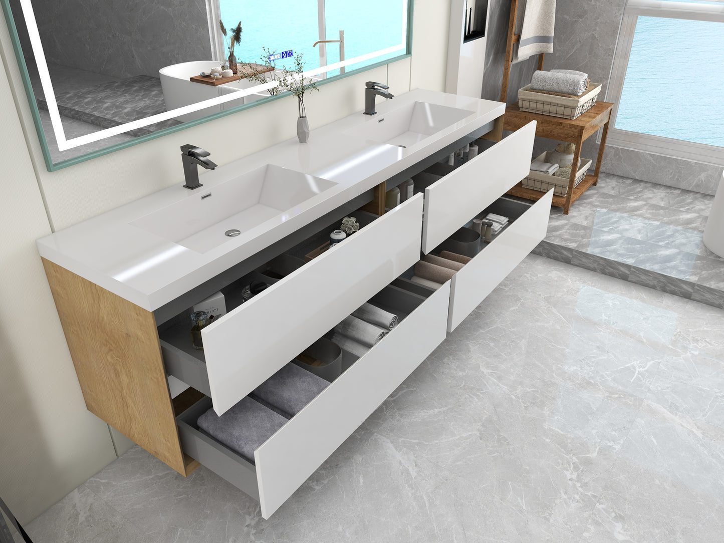 Kingdee 84" Glossy White Wall Mounted Vanity with Reinforced Acrylic Sinks