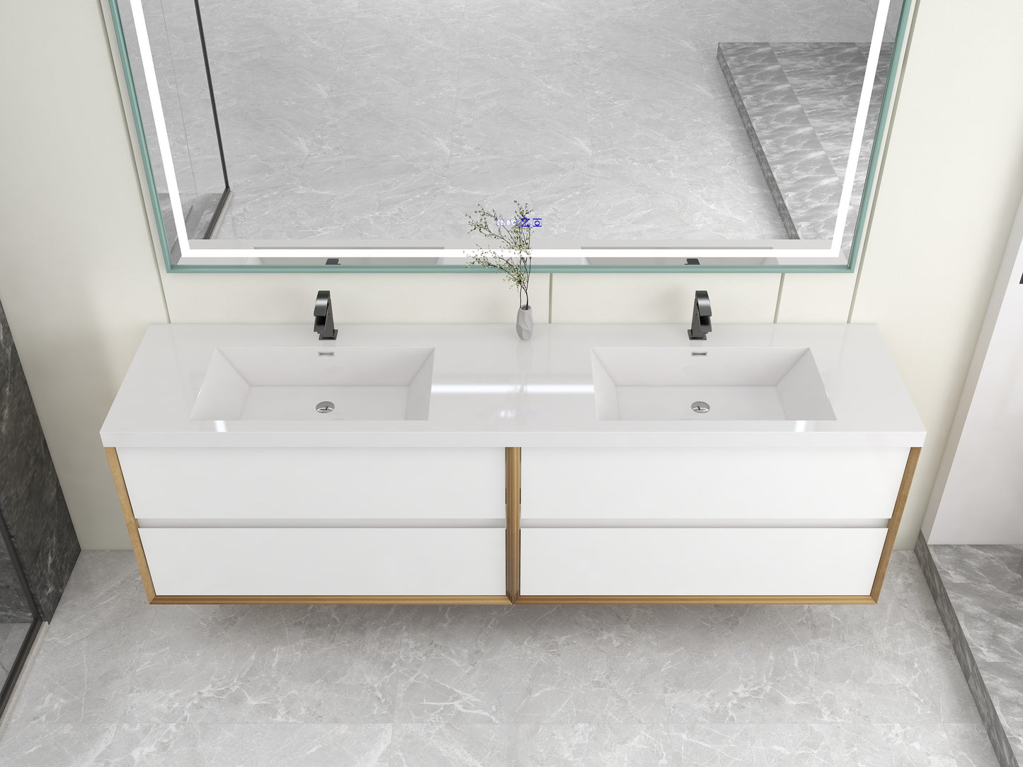 Kingdee 84" Glossy White Wall Mounted Vanity with Reinforced Acrylic Sinks
