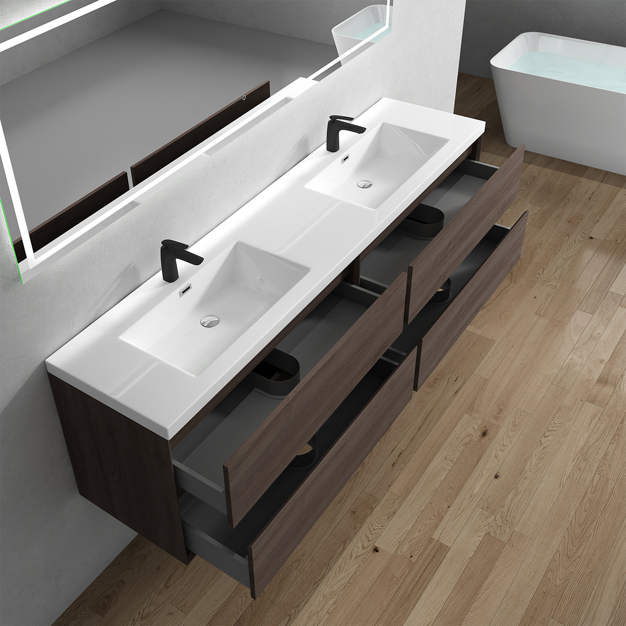 Kingdee 84" Red Oak Wall Mounted Vanity with Reinforced Acrylic Sinks