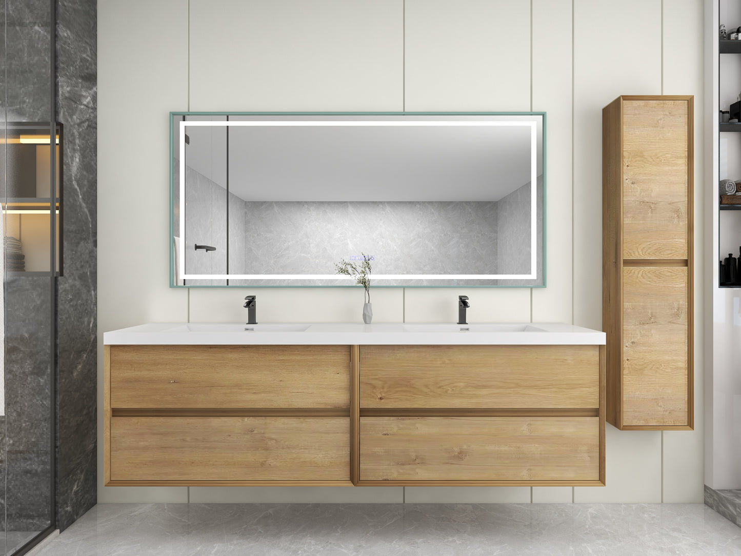 Kingdee 84" Oak Wall Mounted Vanity with Reinforced Acrylic Sinks
