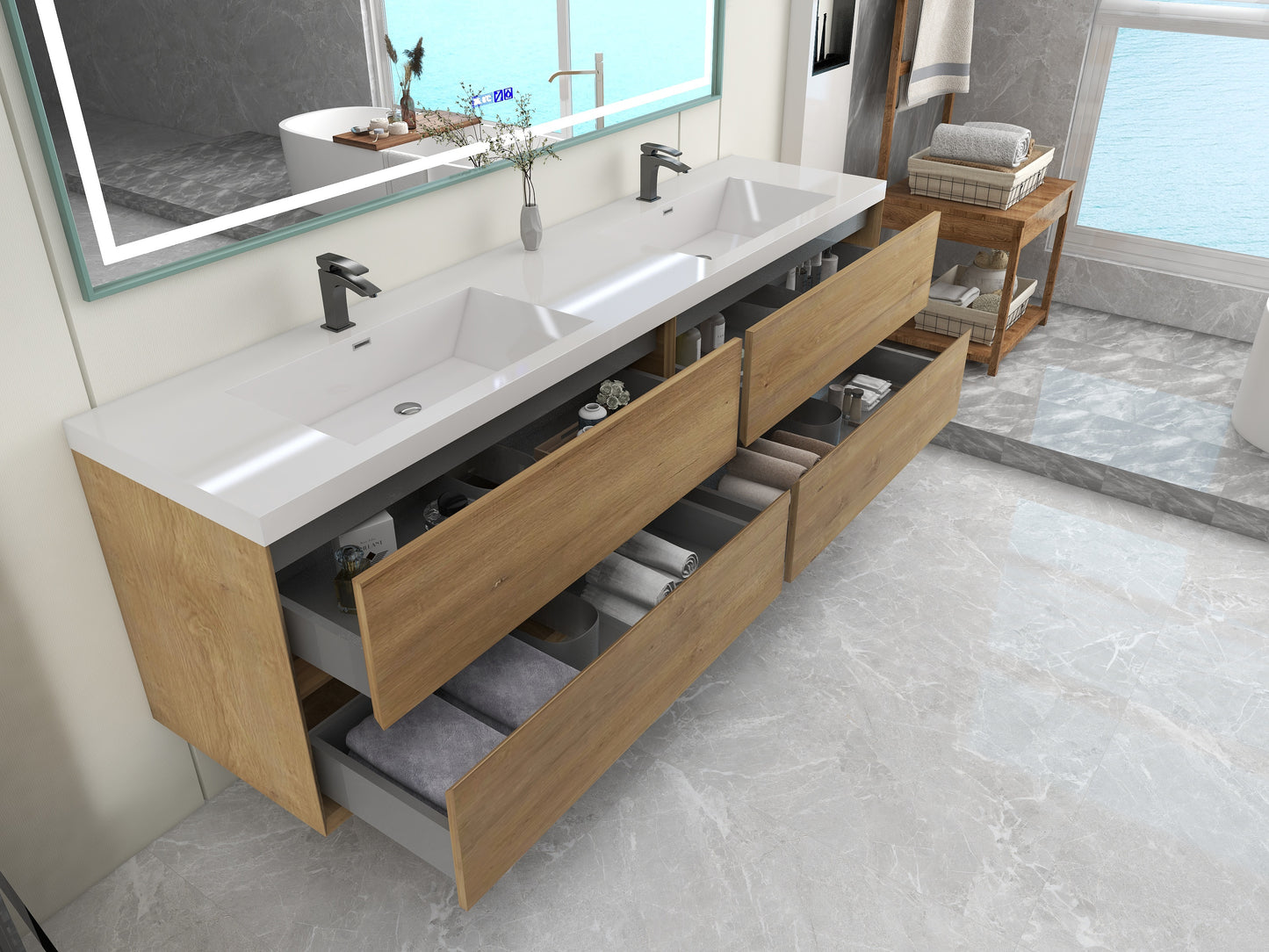 Kingdee 84" Oak Wall Mounted Vanity with Reinforced Acrylic Sinks