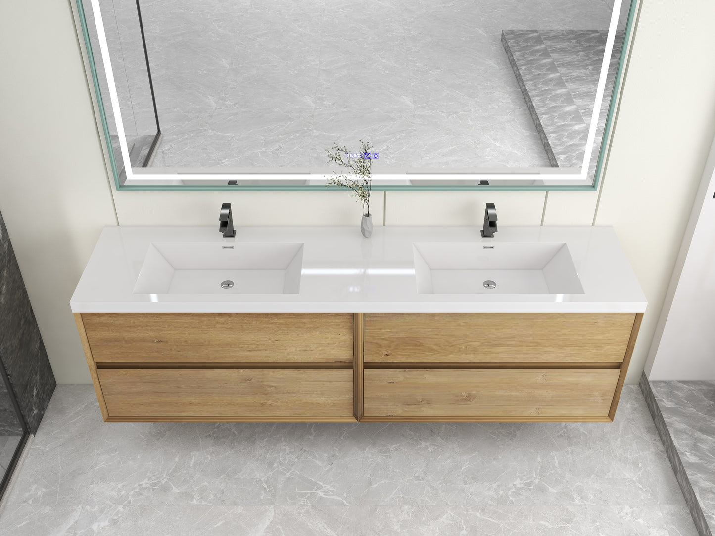 Kingdee 84" Oak Wall Mounted Vanity with Reinforced Acrylic Sinks