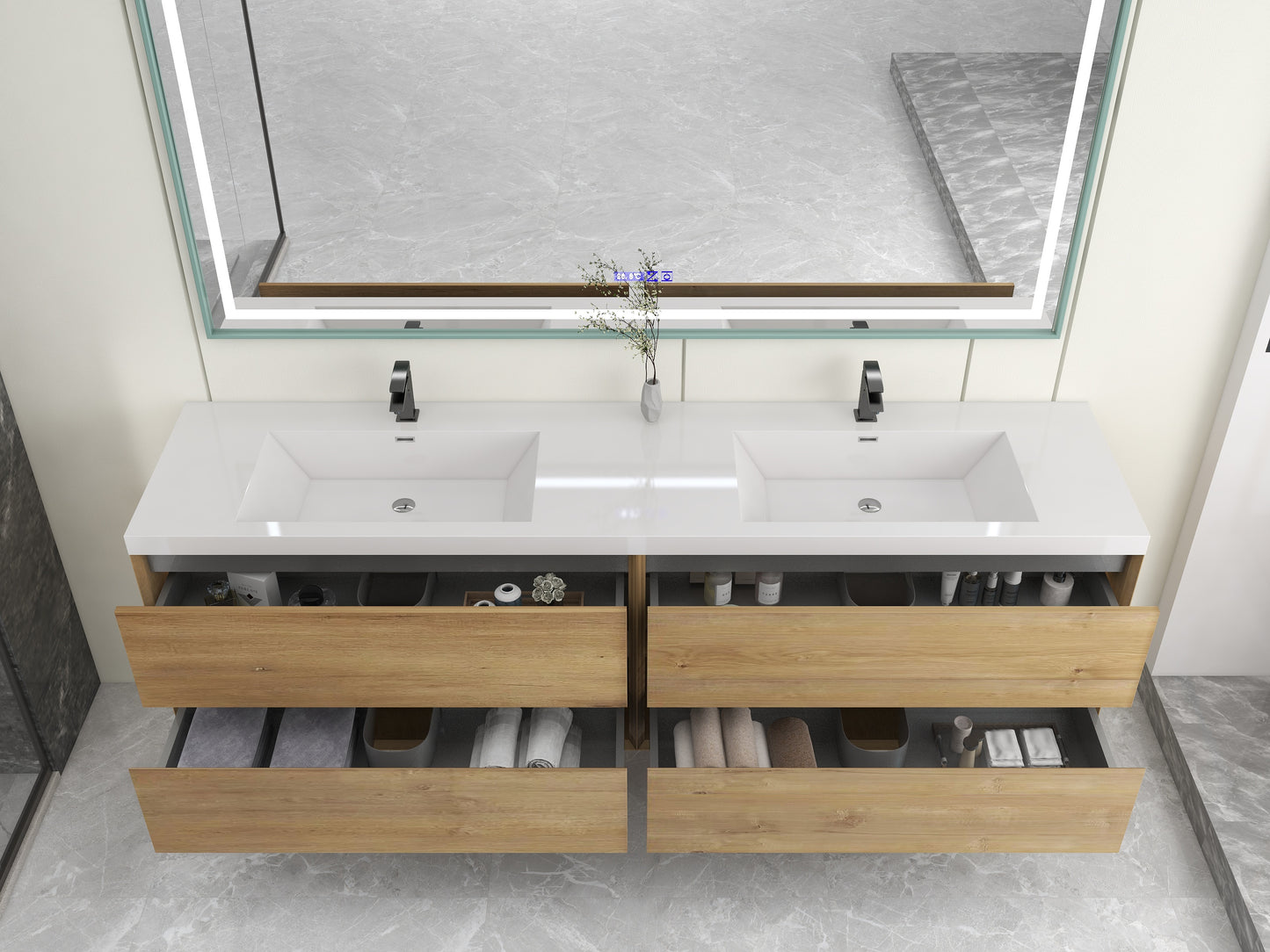 Kingdee 84" Oak Wall Mounted Vanity with Reinforced Acrylic Sinks