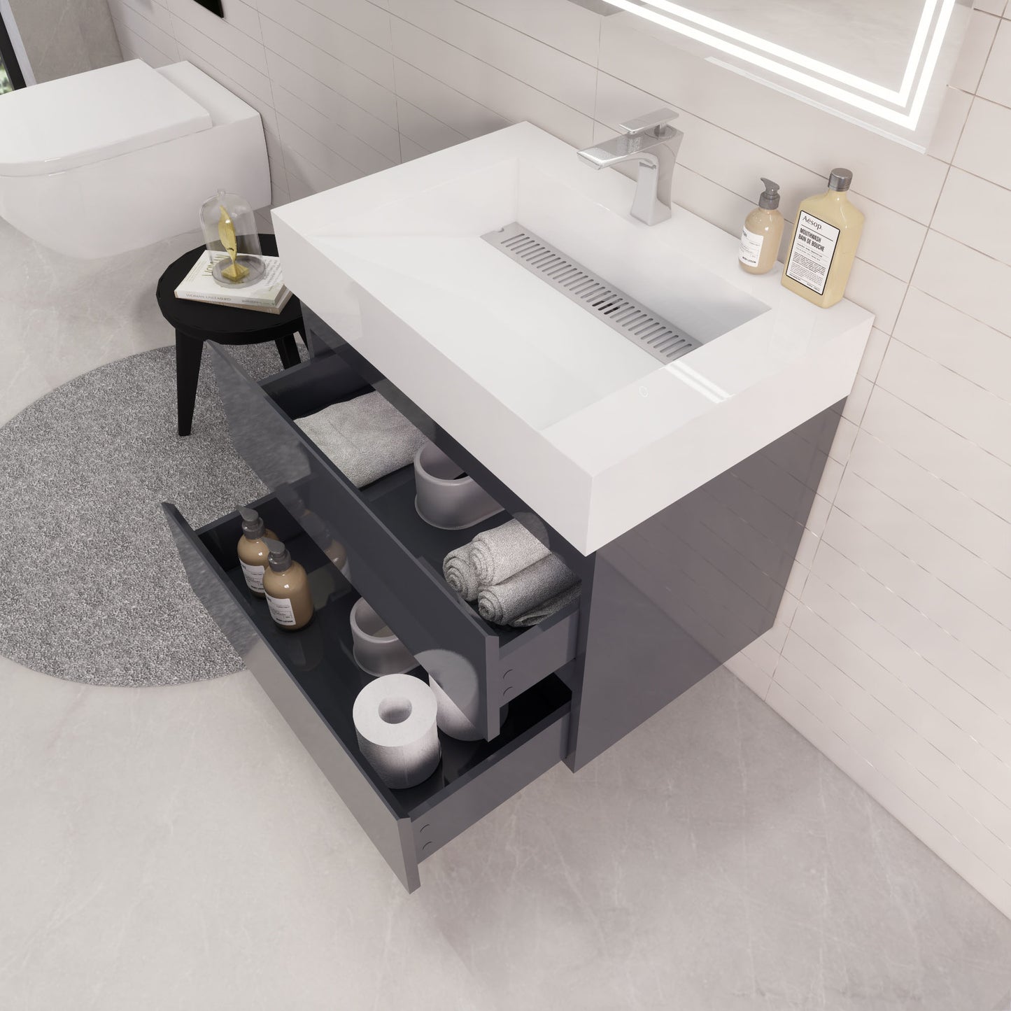 Monterey 30" Glossy Gray Wall Mounted Vanity with Reinforced Acrylic Sink